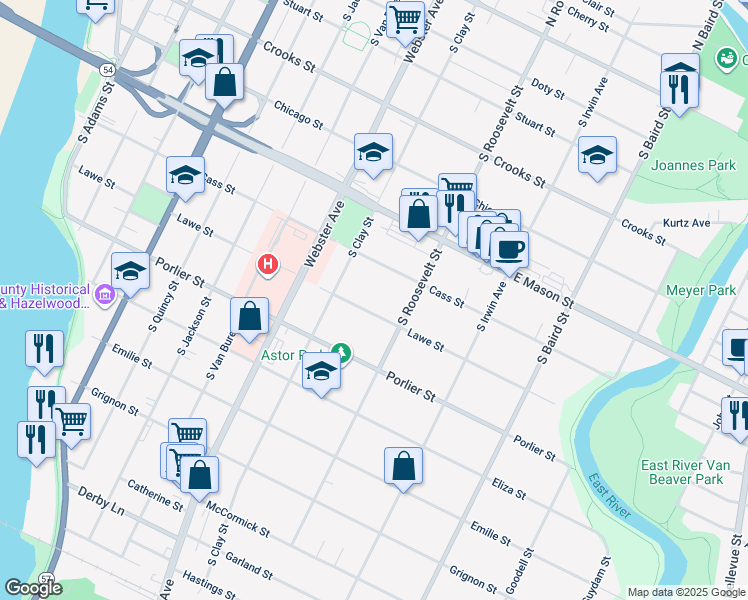 map of restaurants, bars, coffee shops, grocery stores, and more near 1145 Lawe Street in Green Bay