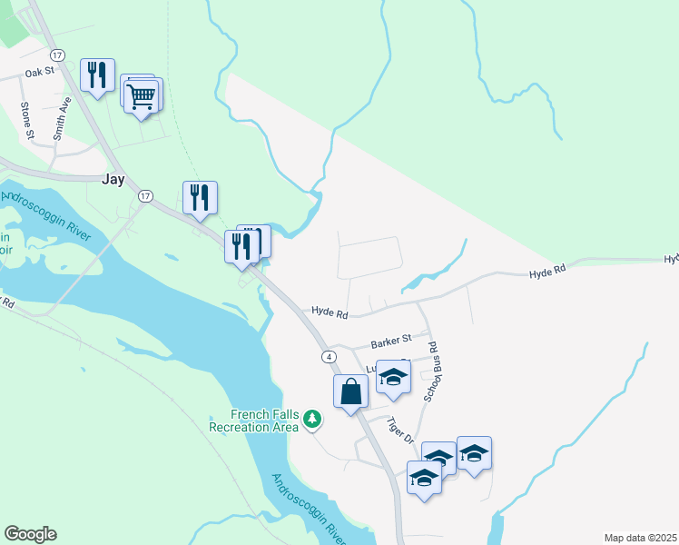 map of restaurants, bars, coffee shops, grocery stores, and more near 8 Forest Circle in Jay