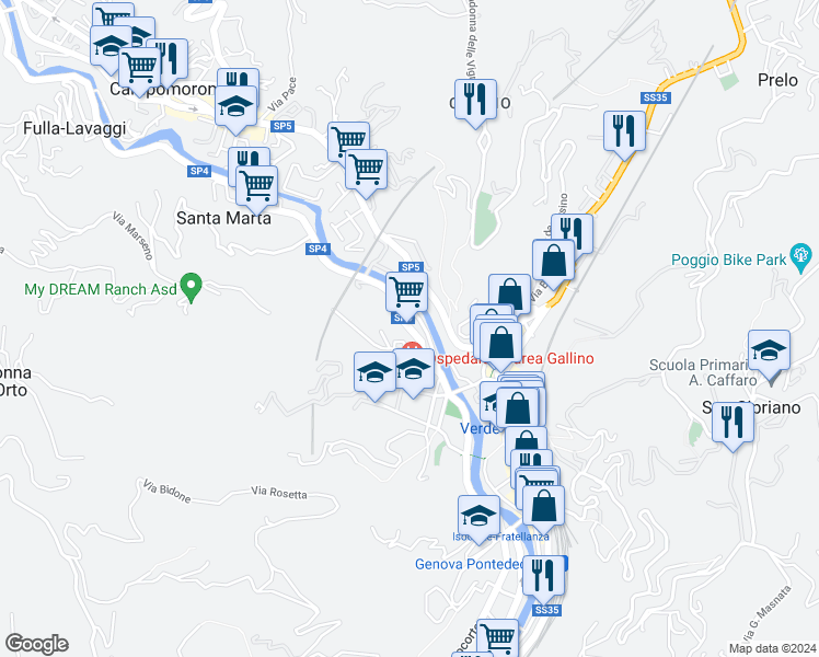 map of restaurants, bars, coffee shops, grocery stores, and more near 14 Via Pieve di Cadore in Genoa