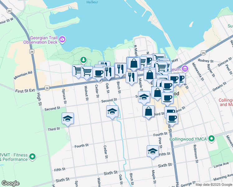 map of restaurants, bars, coffee shops, grocery stores, and more near 201 Second Street in Collingwood