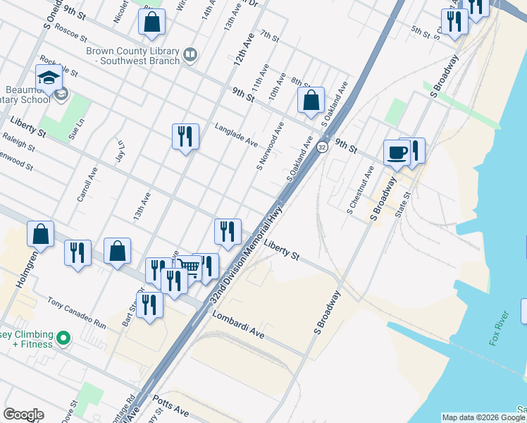map of restaurants, bars, coffee shops, grocery stores, and more near 1600 South Ashland Avenue in Green Bay
