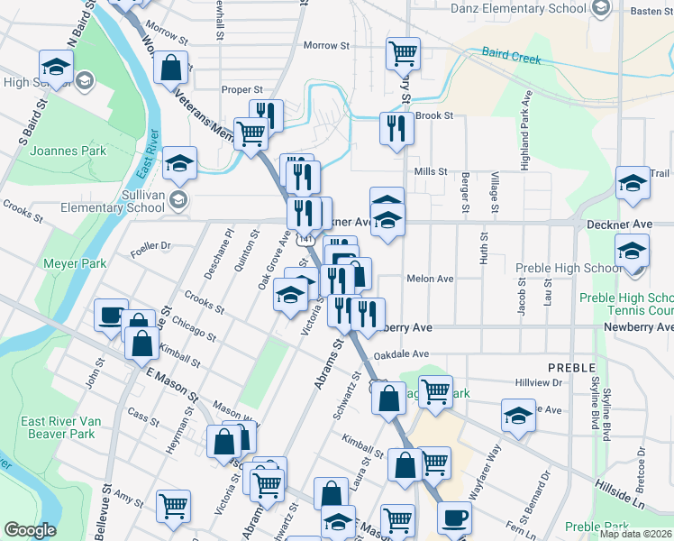 map of restaurants, bars, coffee shops, grocery stores, and more near 1673 Main Street in Green Bay