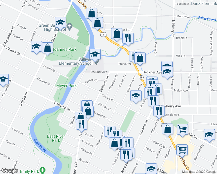 map of restaurants, bars, coffee shops, grocery stores, and more near 308 Deschane Place in Green Bay
