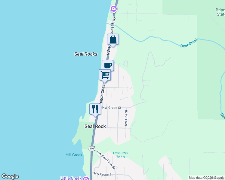 map of restaurants, bars, coffee shops, grocery stores, and more near 1051 Northwest Art Street in Seal Rock