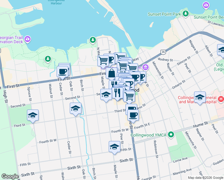 map of restaurants, bars, coffee shops, grocery stores, and more near 82 Pine Street in Collingwood