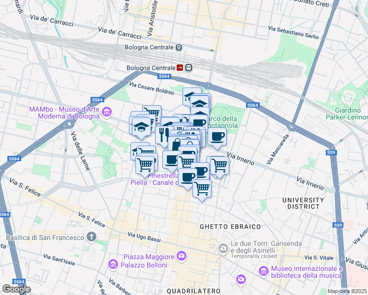 map of restaurants, bars, coffee shops, grocery stores, and more near 65 Via Galliera in Bologna