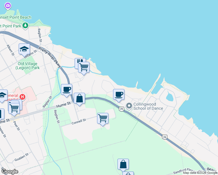 map of restaurants, bars, coffee shops, grocery stores, and more near 17 Saint Clair Street in Collingwood