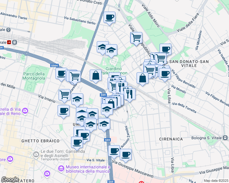 map of restaurants, bars, coffee shops, grocery stores, and more near 3 Via Camillo Ranzani in Bologna