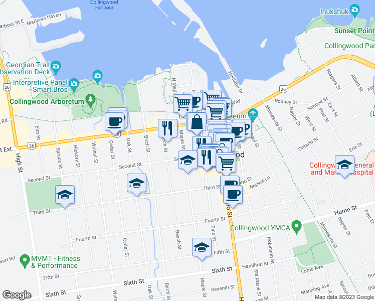 map of restaurants, bars, coffee shops, grocery stores, and more near 71 Maple Street in Collingwood