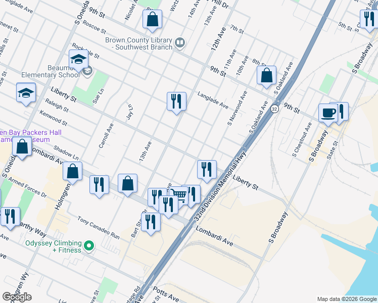 map of restaurants, bars, coffee shops, grocery stores, and more near 1704 10th Avenue in Green Bay