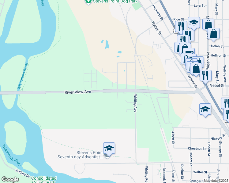 map of restaurants, bars, coffee shops, grocery stores, and more near 1421 River View Avenue in Stevens Point