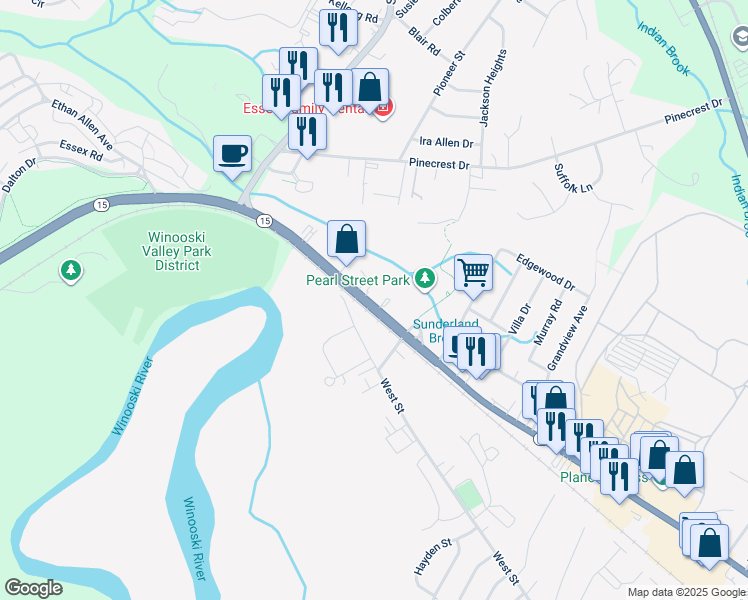 map of restaurants, bars, coffee shops, grocery stores, and more near 209 Pearl Street in Essex