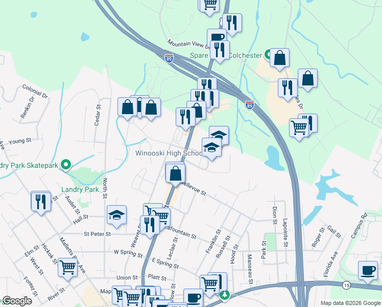 map of restaurants, bars, coffee shops, grocery stores, and more near 405 Main Street in Winooski