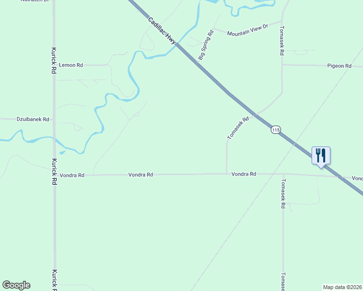 map of restaurants, bars, coffee shops, grocery stores, and more near 16624-16750 Vondra Road in Thompsonville