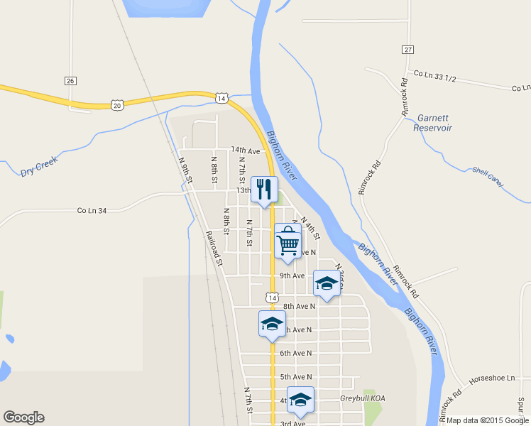 map of restaurants, bars, coffee shops, grocery stores, and more near 1140 North 6th Street in Greybull