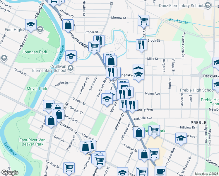 map of restaurants, bars, coffee shops, grocery stores, and more near 1672 Main Street in Green Bay