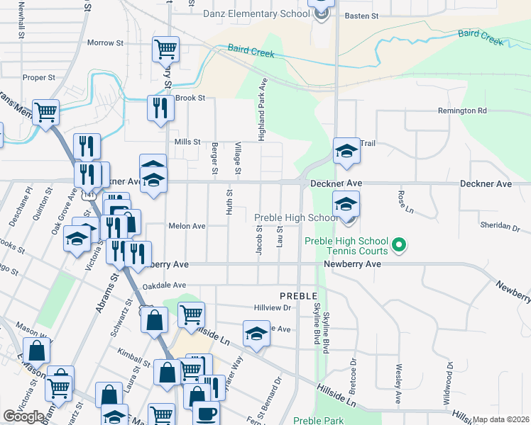 map of restaurants, bars, coffee shops, grocery stores, and more near 201 Jacob Street in Green Bay