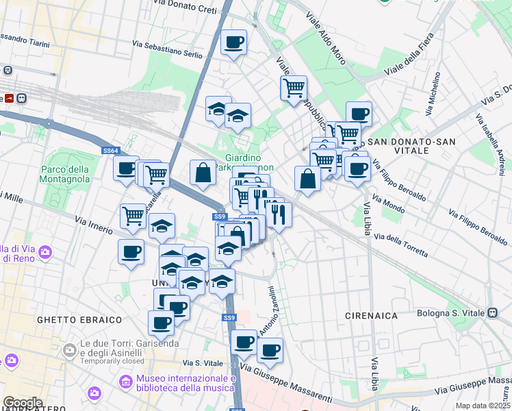 map of restaurants, bars, coffee shops, grocery stores, and more near 1-3 Via Camillo Ranzani in Bologna
