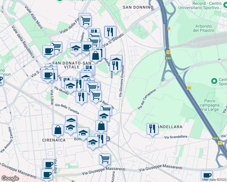 map of restaurants, bars, coffee shops, grocery stores, and more near 12-16 Piazzetta Carlo Musi in Bologna