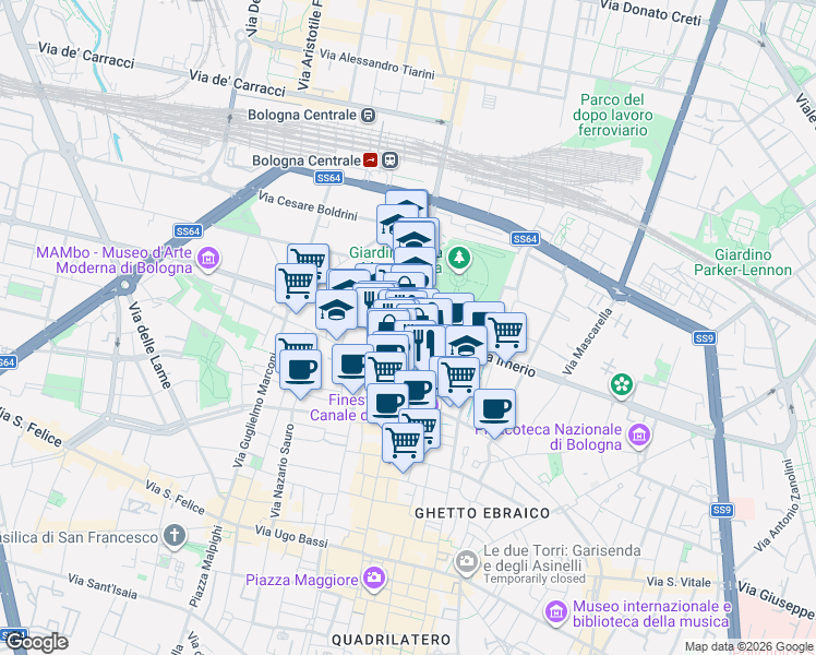 map of restaurants, bars, coffee shops, grocery stores, and more near 56 Via dell'Indipendenza in Bologna