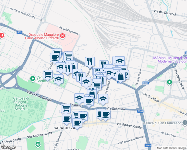 map of restaurants, bars, coffee shops, grocery stores, and more near 17 Via Gorizia in Bologna