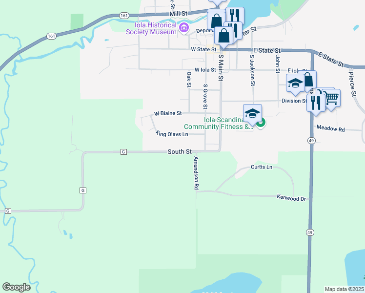 map of restaurants, bars, coffee shops, grocery stores, and more near N7197 Amundson Road in Iola