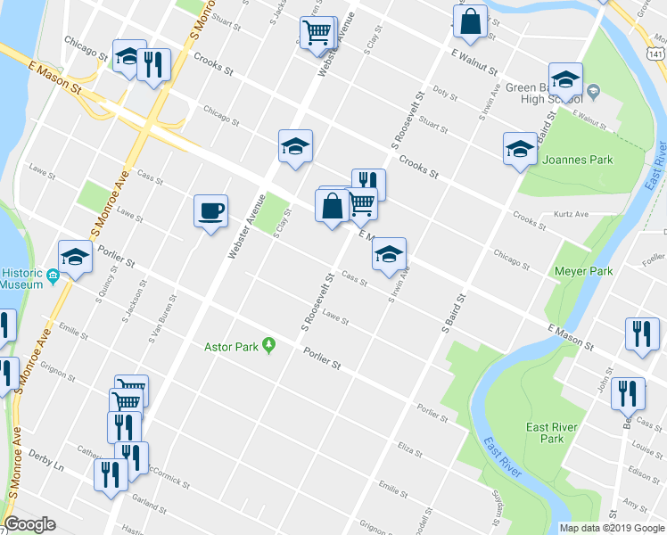 map of restaurants, bars, coffee shops, grocery stores, and more near 1199 Cass Street in Green Bay