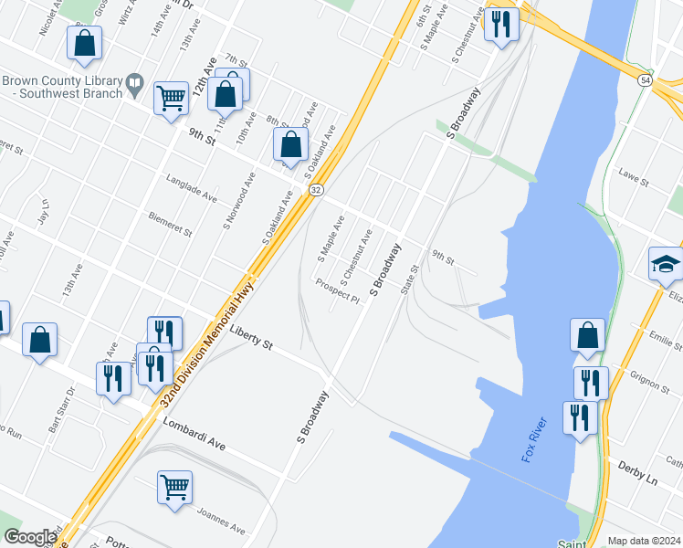 map of restaurants, bars, coffee shops, grocery stores, and more near 1412 South Chestnut Avenue in Green Bay