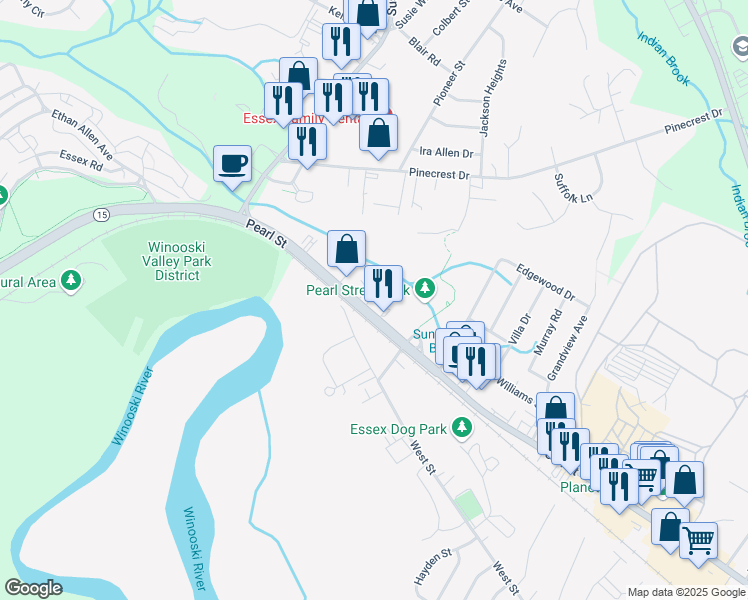 map of restaurants, bars, coffee shops, grocery stores, and more near 209 Pearl Street in Essex