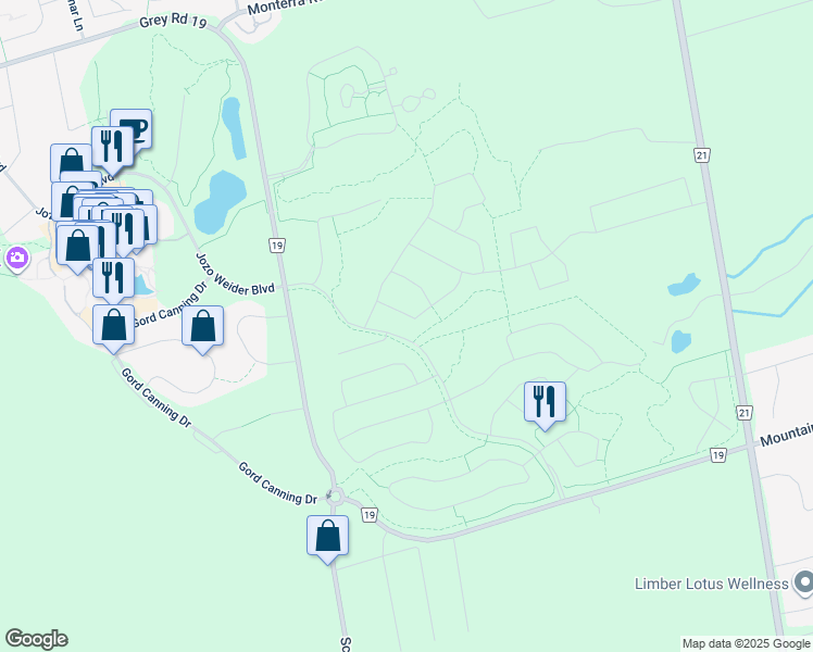 map of restaurants, bars, coffee shops, grocery stores, and more near Crosswinds Boulevard in Grey County
