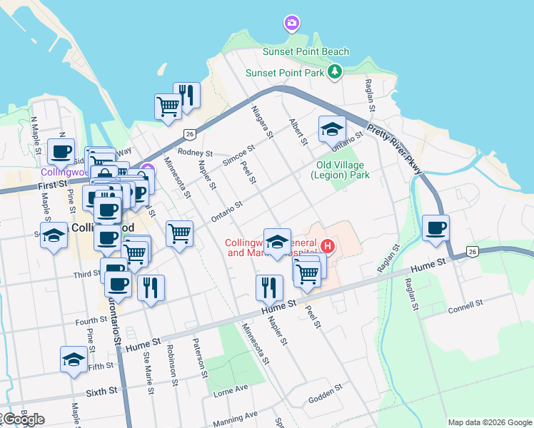 map of restaurants, bars, coffee shops, grocery stores, and more near 188 Peel Street in Collingwood