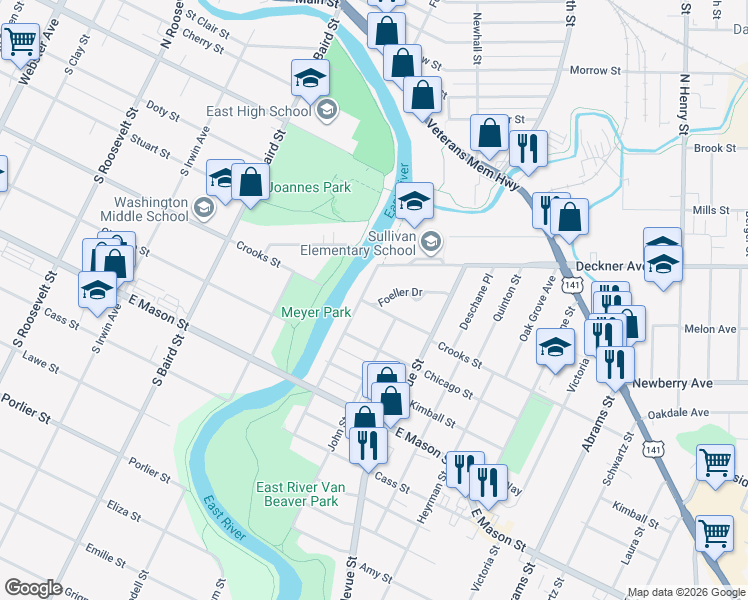 map of restaurants, bars, coffee shops, grocery stores, and more near 321 Hartung Street in Green Bay