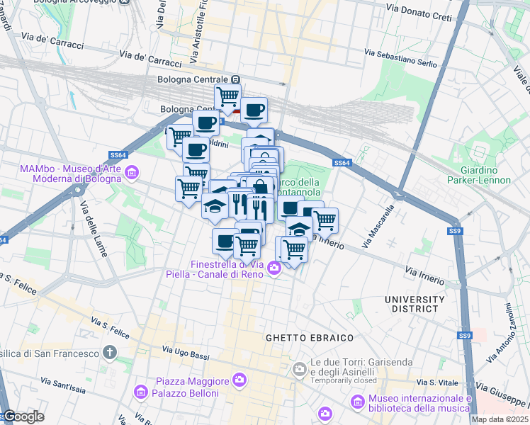 map of restaurants, bars, coffee shops, grocery stores, and more near 70 Via dell'Indipendenza in Bologna