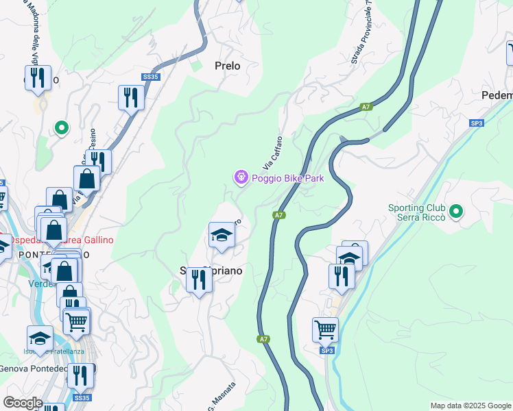 map of restaurants, bars, coffee shops, grocery stores, and more near 46 Via Giovanni Caminata in Pedemonte
