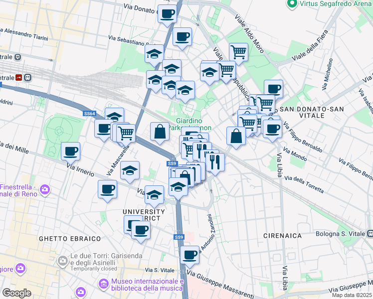 map of restaurants, bars, coffee shops, grocery stores, and more near 9 Via Camillo Ranzani in Bologna