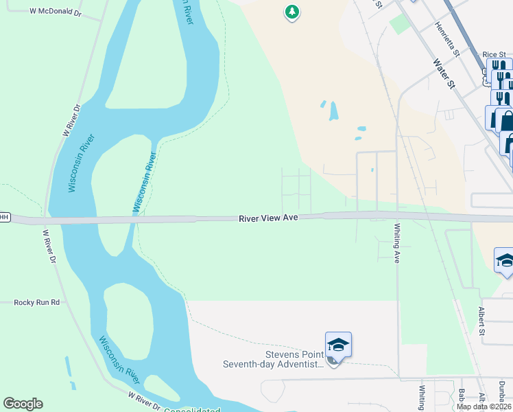 map of restaurants, bars, coffee shops, grocery stores, and more near 416 River View Avenue in Stevens Point