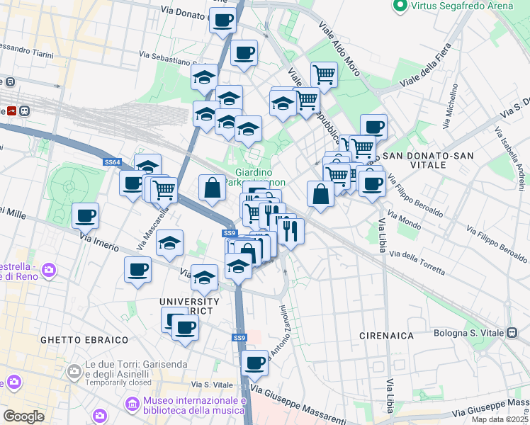 map of restaurants, bars, coffee shops, grocery stores, and more near 9 Via Camillo Ranzani in Bologna