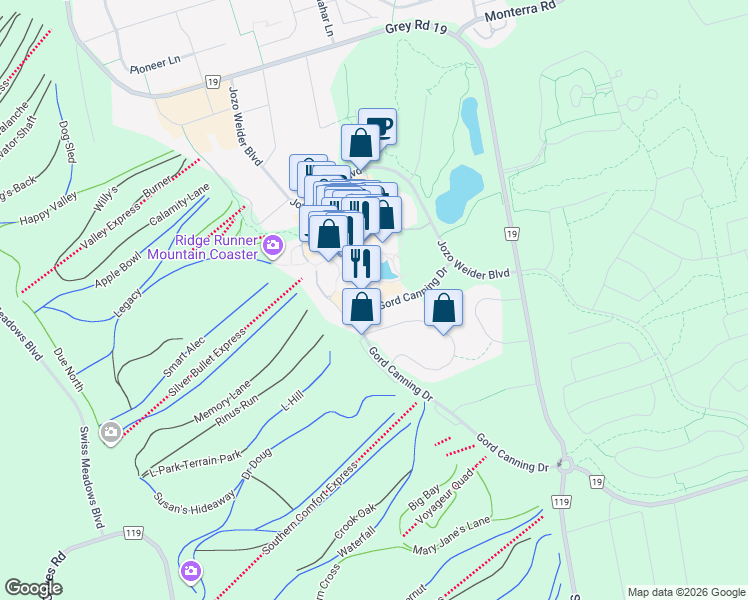 map of restaurants, bars, coffee shops, grocery stores, and more near 220 Gord Canning Drive in Grey County