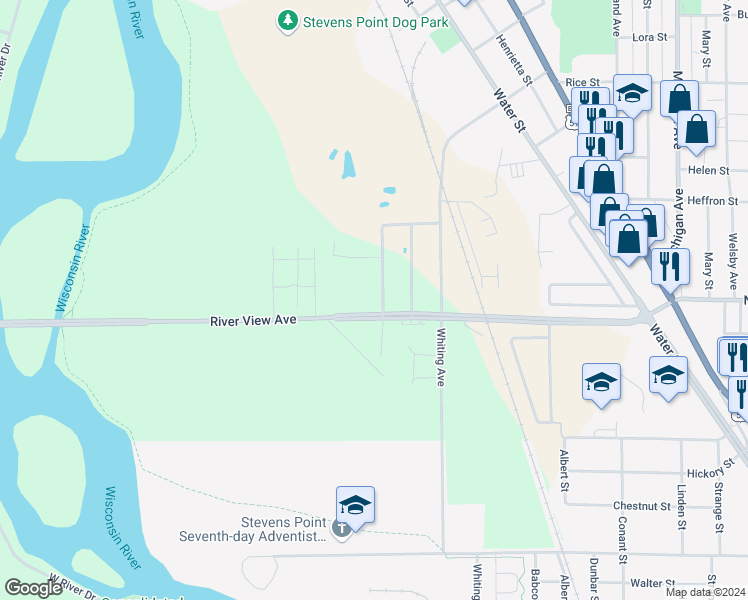 map of restaurants, bars, coffee shops, grocery stores, and more near 1400 River View Avenue in Stevens Point