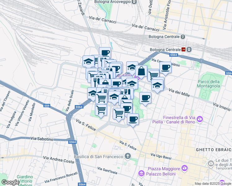 map of restaurants, bars, coffee shops, grocery stores, and more near 54 Via Azzo Gardino in Bologna