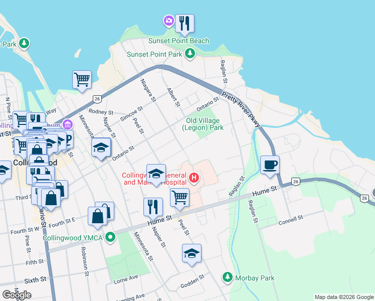 map of restaurants, bars, coffee shops, grocery stores, and more near 197 Erie Street in Collingwood