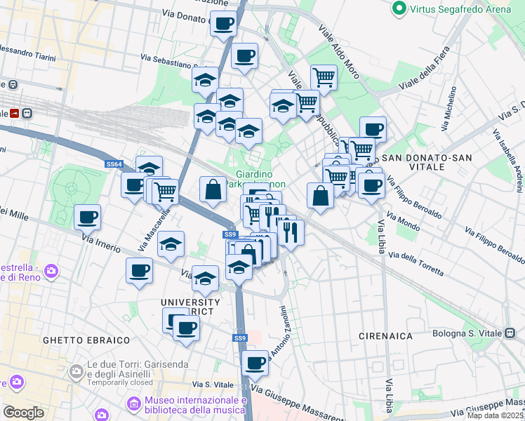 map of restaurants, bars, coffee shops, grocery stores, and more near 9 Via Camillo Ranzani in Bologna