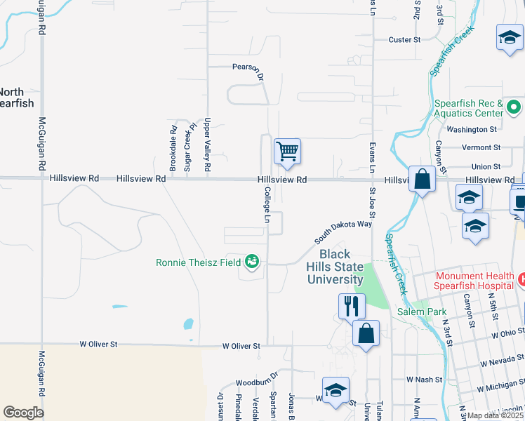 map of restaurants, bars, coffee shops, grocery stores, and more near 1815 College Lane in Spearfish