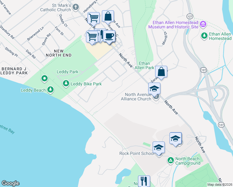 map of restaurants, bars, coffee shops, grocery stores, and more near 68 Little Eagle Bay in Burlington