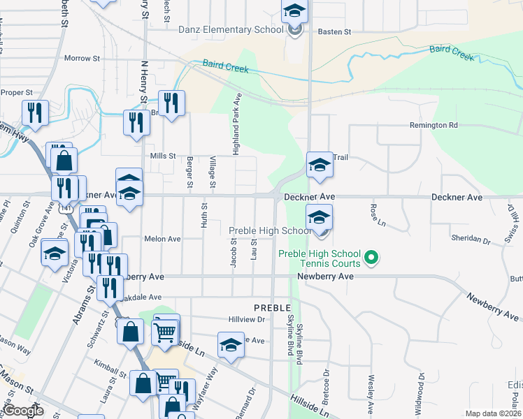 map of restaurants, bars, coffee shops, grocery stores, and more near 2050 Deckner Avenue in Green Bay