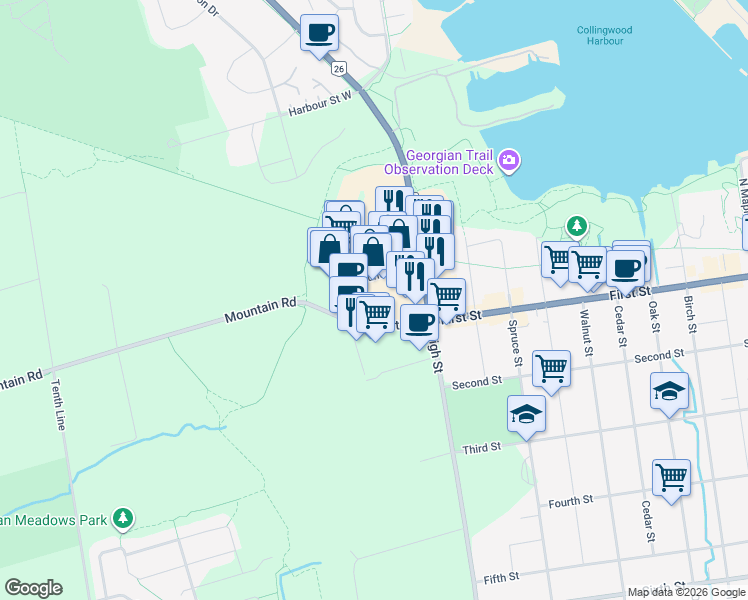 map of restaurants, bars, coffee shops, grocery stores, and more near 6 Mountain Road in Collingwood