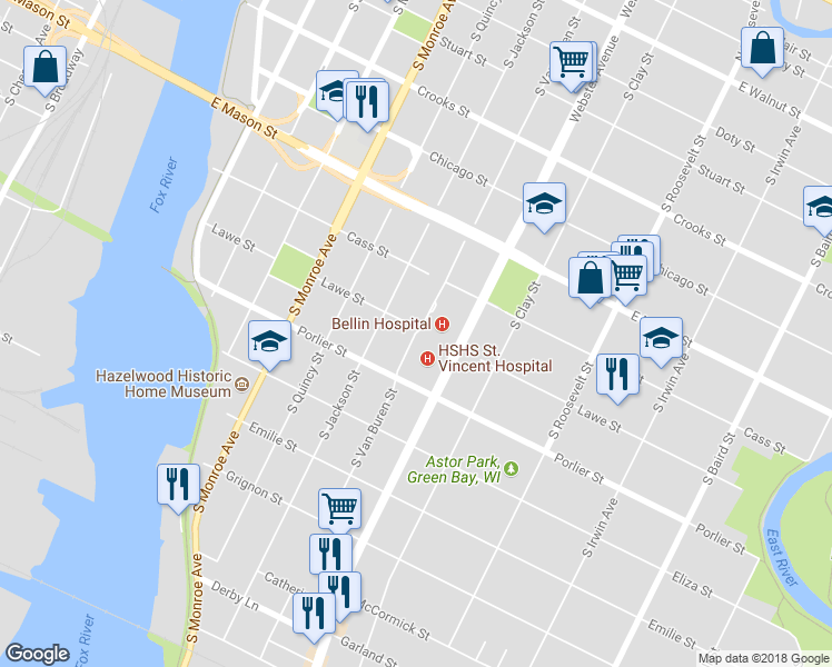 map of restaurants, bars, coffee shops, grocery stores, and more near 835 South Van Buren Street in Green Bay