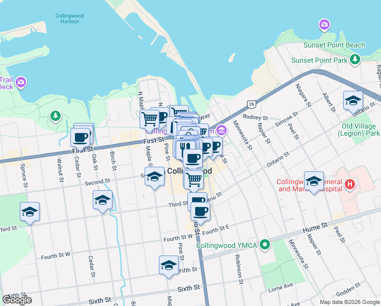 map of restaurants, bars, coffee shops, grocery stores, and more near 43 Hurontario Street in Collingwood