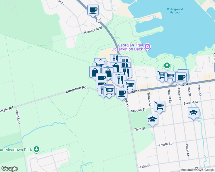 map of restaurants, bars, coffee shops, grocery stores, and more near 6 Mountain Road in Collingwood