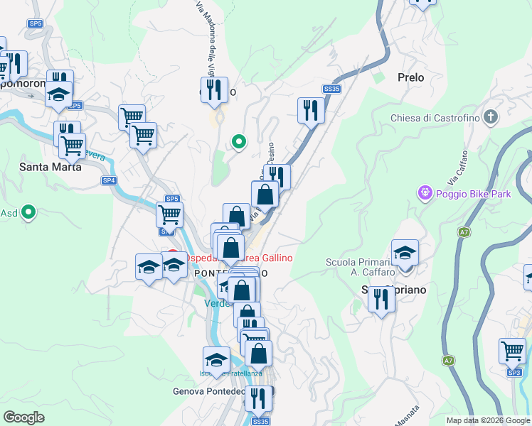 map of restaurants, bars, coffee shops, grocery stores, and more near 52 Via Natale Gallino in Genova